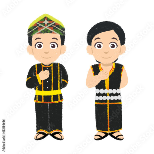 Cartoon Malaysia people in Kadazan traditional costumes