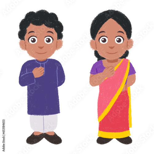 Cartoon Malaysia people in Indian traditional costumes