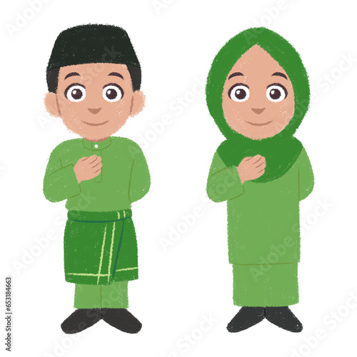 Cartoon Malaysia people in Melayu traditional costumes