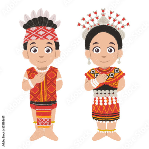 Cartoon Malaysia people in Iban traditional costumes