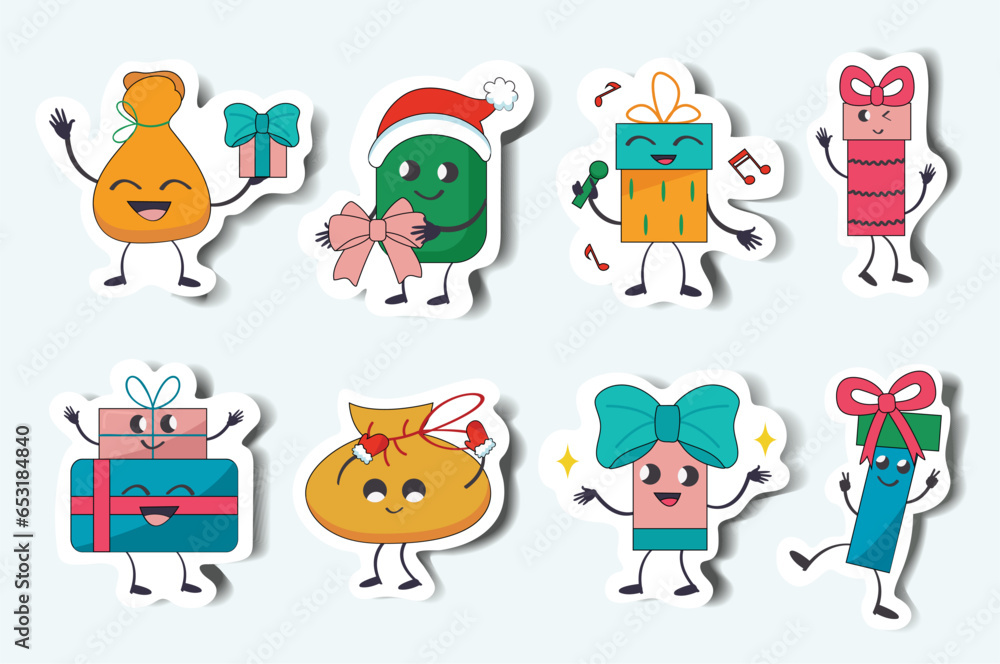 Set of gifts in stickers cartoon design. Illustrations beautifully presented in a charming sticker-style format showcase cute Christmas gifts. Vector illustration.