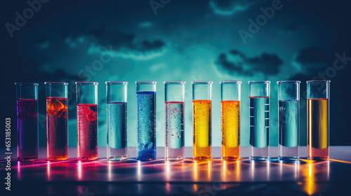 Laboratory glassware with colorful chemical reagent in research laboratory