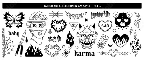 Y2k Tattoo art designs in 2000s style 3. Butterfly knife, demon mask, snake, flame. Y2k tattoo sickers of heart fire, butterfy, lheart with thorns, antique statue head, love. Vector 00s style tattoo