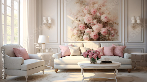 Modern living room featuring Shabby Chic interior design with stylish sofa, wall, table, and beautiful decor