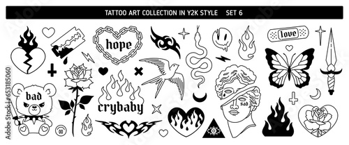 Y2k Tattoo art designs in 2000s style 6. Line art Butterfly, dagger, swallow, flame. Y2k tattoo sickers of heart fire, antique statue head, snake, rose, love. Vector 00s style tattoo art	