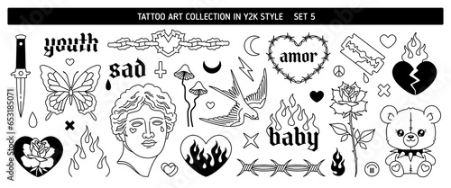 Y2k Tattoo art designs in 1990s - 2000s style 5. Line art Butterfly, kife, flame, blade, heart fire, chain, barbed wire, antique statue, rose. Y2k tattoo sickers. Vector 2000s style tattoo art 