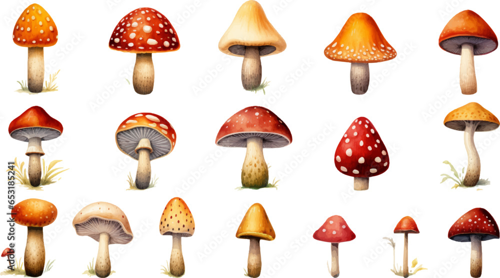 colorful illustrations of mushrooms in watercolor, in the style