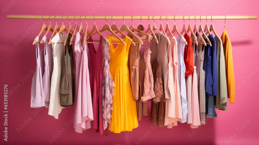 Fashionable female cloth rack, stylish frocks on hangers in pink background