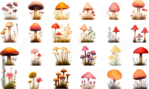 colorful illustrations of mushrooms in watercolor, in the style