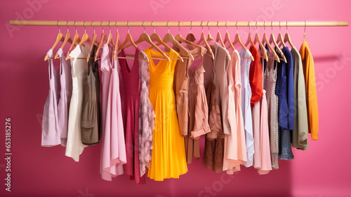 Fashionable female cloth rack, stylish frocks on hangers in pink background