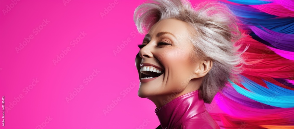 Attractive mature pensioner woman, with beautiful well-groomed skin, elderly facial skin care model, copy space
