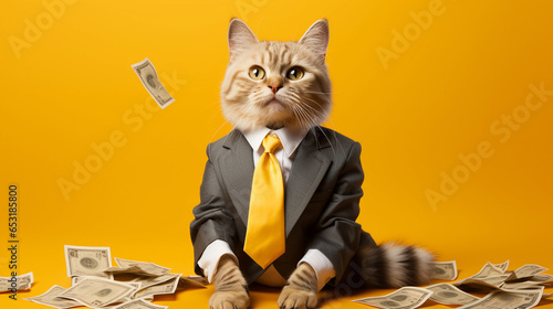 Cool looking rich cat wearing a suit and bright yellow tie, cash notes and yellow background photo