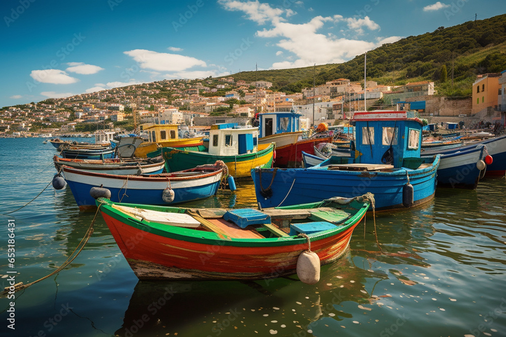 In a charming seaside village, colorful fishing boats bobbed in the harbor, their vibrant hues reflecting in the calm, azure waters under the warm, coastal sun.