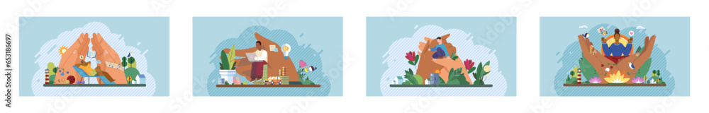 Naklejka premium Wellbeing metaphor. Vector illustration. Support insurance, protective shield for every employee Employee wellbeing, lifeblood of energized workplace Humcare, bonding glue in professional environment