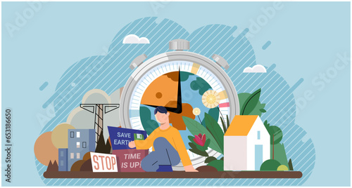 People characters trying to save planet Earth. Man planting trees and flowers at his house, care about environment. Global warming and climate change ecological concept. Greenhouse effect of CO2