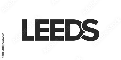 Leeds city in the United Kingdom design features a geometric style illustration with bold typography in a modern font on white background.
