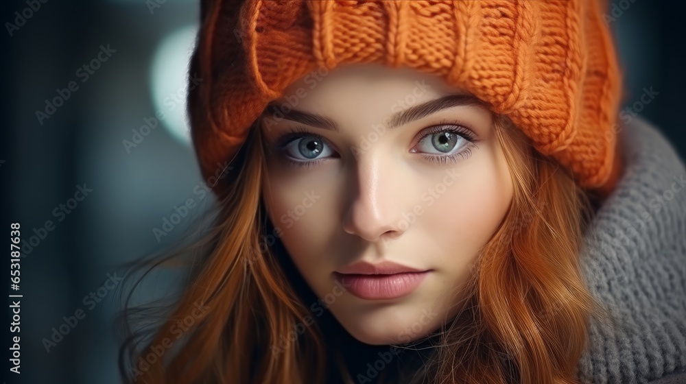 Indoor shot of a young beautiful blonde female wearing warm knitted clothes Indoor shot of a young beautiful blonde female wearing warm knitted clothes