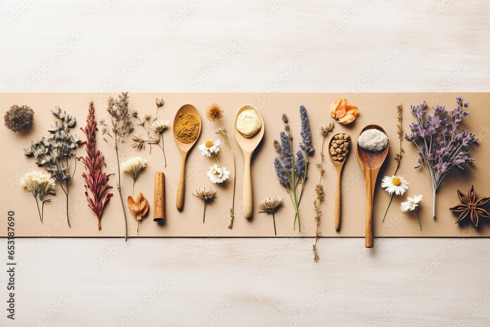 Herbal apothecary aesthetic. Dry herbs and flowers on a beige background. With Generative AI technology - obrazy, fototapety, plakaty 