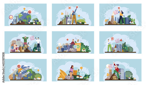 Eco environmental protection activist volunteer concepts set. Save our planet demonstration, stop climate change protesters. Ecology activism manifesting. Global warming and Greenhouse effect of CO2