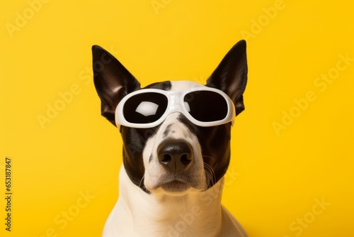 bull terrier wear cool trendy sun glasses againt on yellow background studio shot © VERTEX SPACE