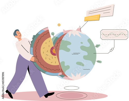 Scientist studying planet in section. Earth layers. Globe research person concept. Core, mantle, crust and lithosphere geological examination and inner section structure exploration with planet model