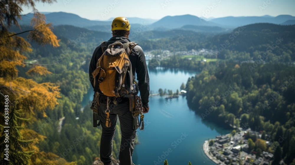 Ausgerüsteter Bergsteiger mit Klettergurt und Rucksack steht an einer Kante vor einer Bergkulisse mit See an einem schönen Sommertag Ausgerüsteter Bergsteiger mit Klettergurt und Rucksack steht an einer Kante vor einer Bergkulisse mit See an einem schönen Sommertag