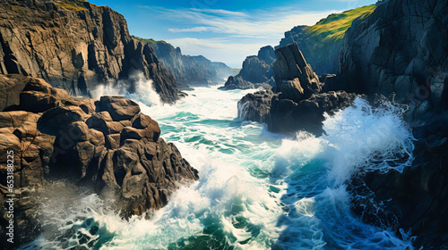 Rugged coastal cliffs, the wild dance of waves below.