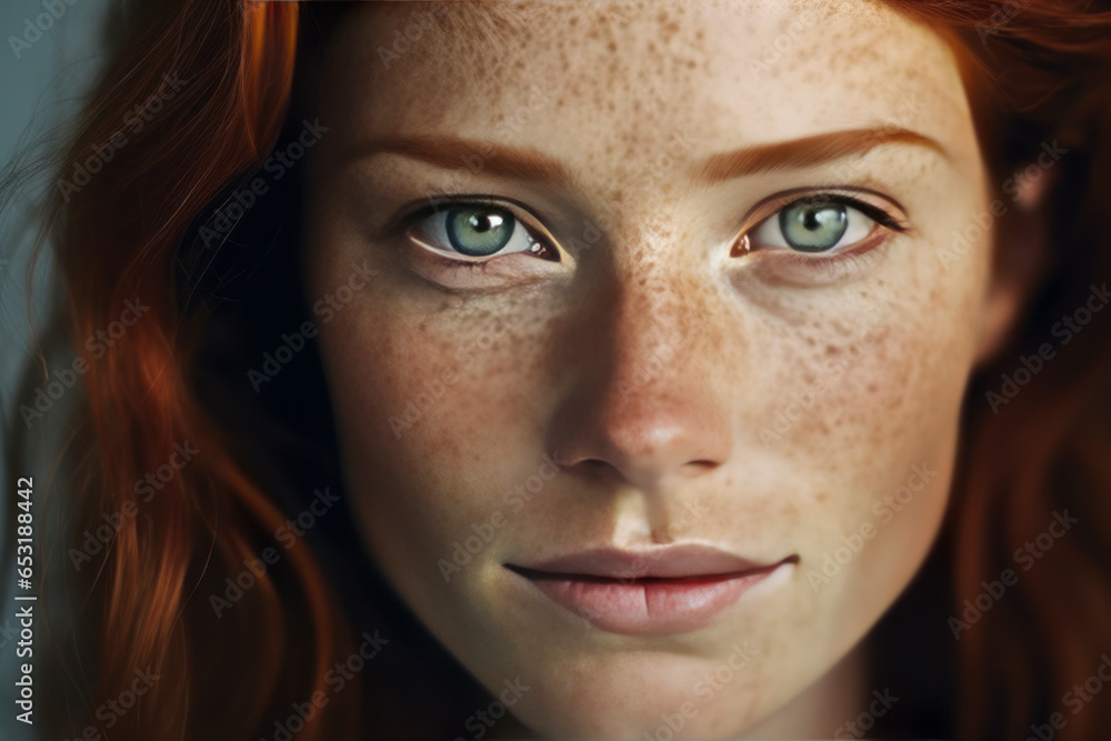 Freckles Woman portrait. Close-up. Beautiful dark red haired girl with freckles is looking to camera with blue city background,ai generate Freckles Woman portrait. Close-up. Beautiful dark red haired girl with freckles is looking to camera with blue city background,ai generate