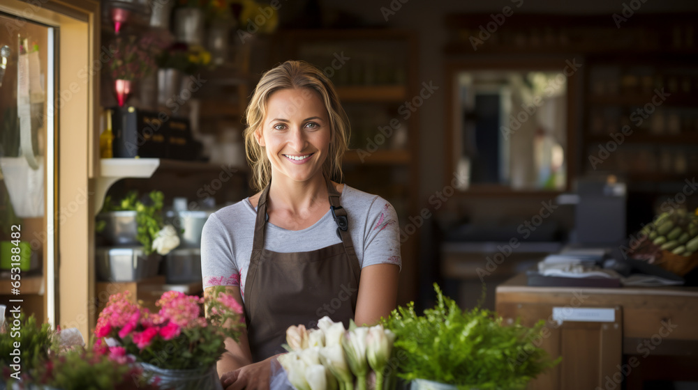 young adult woman sales flowers in flower shop. Happy smiling mature florist woman having eyeglasses and working at flower shop,ai generate young adult woman sales flowers in flower shop. Happy smiling mature florist woman having eyeglasses and working at flower shop,ai generate