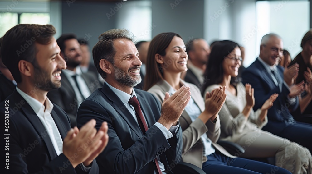 Happy colleagues applauding while sitting in conference event at convention center business people sit together in convention hall listen seminar success clapping happiness,ai generate Happy colleagues applauding while sitting in conference event at convention center business people sit together in convention hall listen seminar success clapping happiness,ai generate