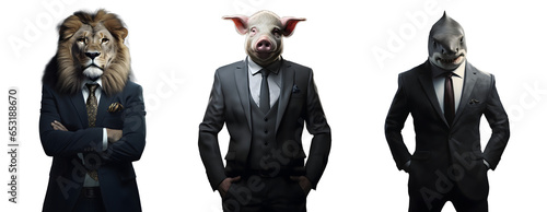 Set of creative animal head in business suit and standing posing, lion, pig, shark, Contemporary art idea concept design, isolated on white and transparent background, ai generate