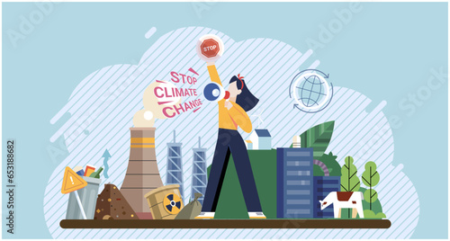Eco, environmental protection activist volunteer holding banner. Save our planet demonstration, climate change protesters flat vector illustration. Ecology activism manifesting. Rights and democracy
