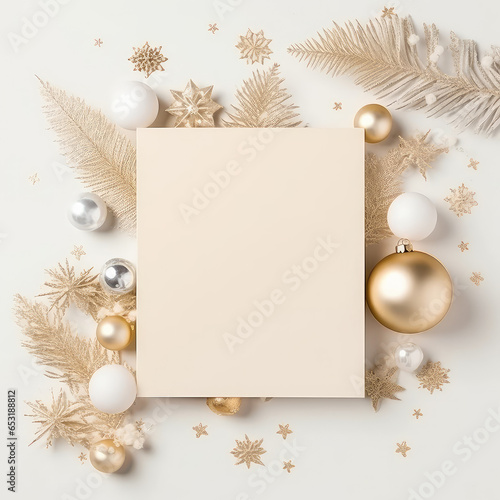 Christmas mockup composition, gold colors. Blank paper, christmas tree branches, golden decorations on light background. Flat lay, top view, copy space for text, square