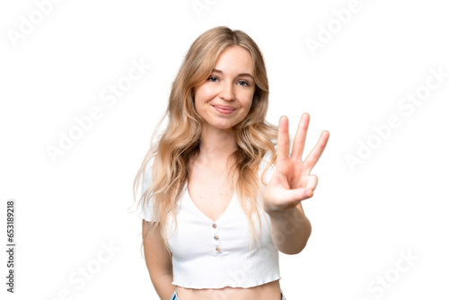 Young English woman over isolated background happy and counting three with fingers