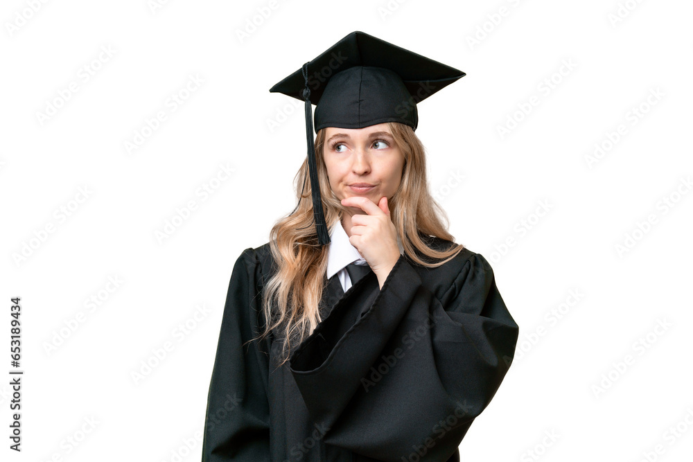 Young university English graduate woman over isolated background having doubts and with confuse face expression Young university English graduate woman over isolated background having doubts and with confuse face expression