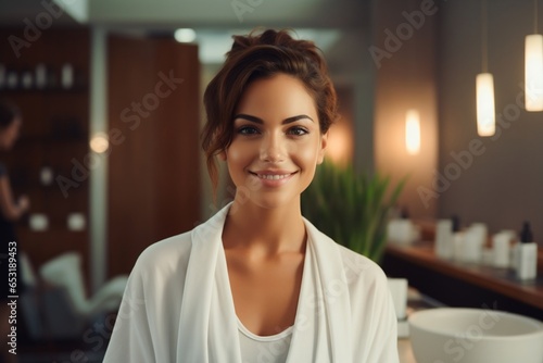Beautiful smiling manager against the background of a bright spa salon.