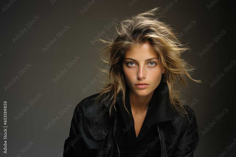 portrait studio d'une jeune femme blonde 20-30 ans en veste noir portrait studio d'une jeune femme blonde 20-30 ans en veste noir