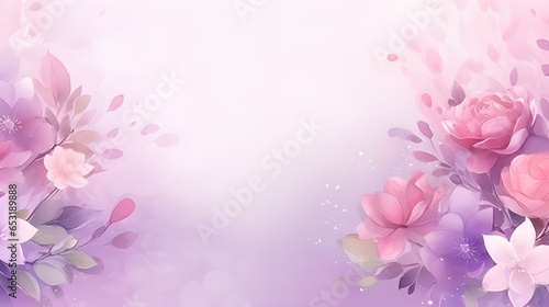 Background Romantic flowers pastel pink and purple color in watercolor style with space for text, pastel purple background.