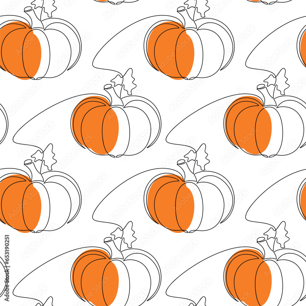 Pumpkin seamless pattern vector. Halloween greeting card. Hand drawn outline doodle background. Graphic cartoon print, banner, holiday poster, carnival party invitation. Autumn seasonal illustration.
