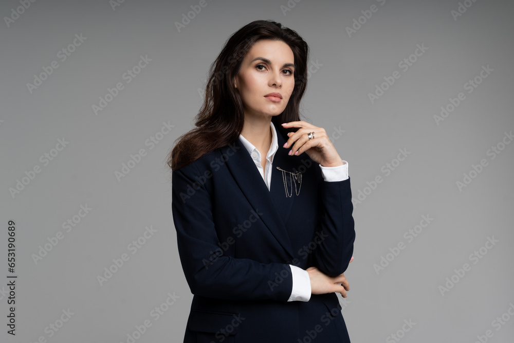 Creative photo illustration of self confidence young business lady posing touch her face after team corporate meeting. Beautiful girl brunette hair. Creative photo illustration of self confidence young business lady posing touch her face after team corporate meeting. Beautiful girl brunette hair.