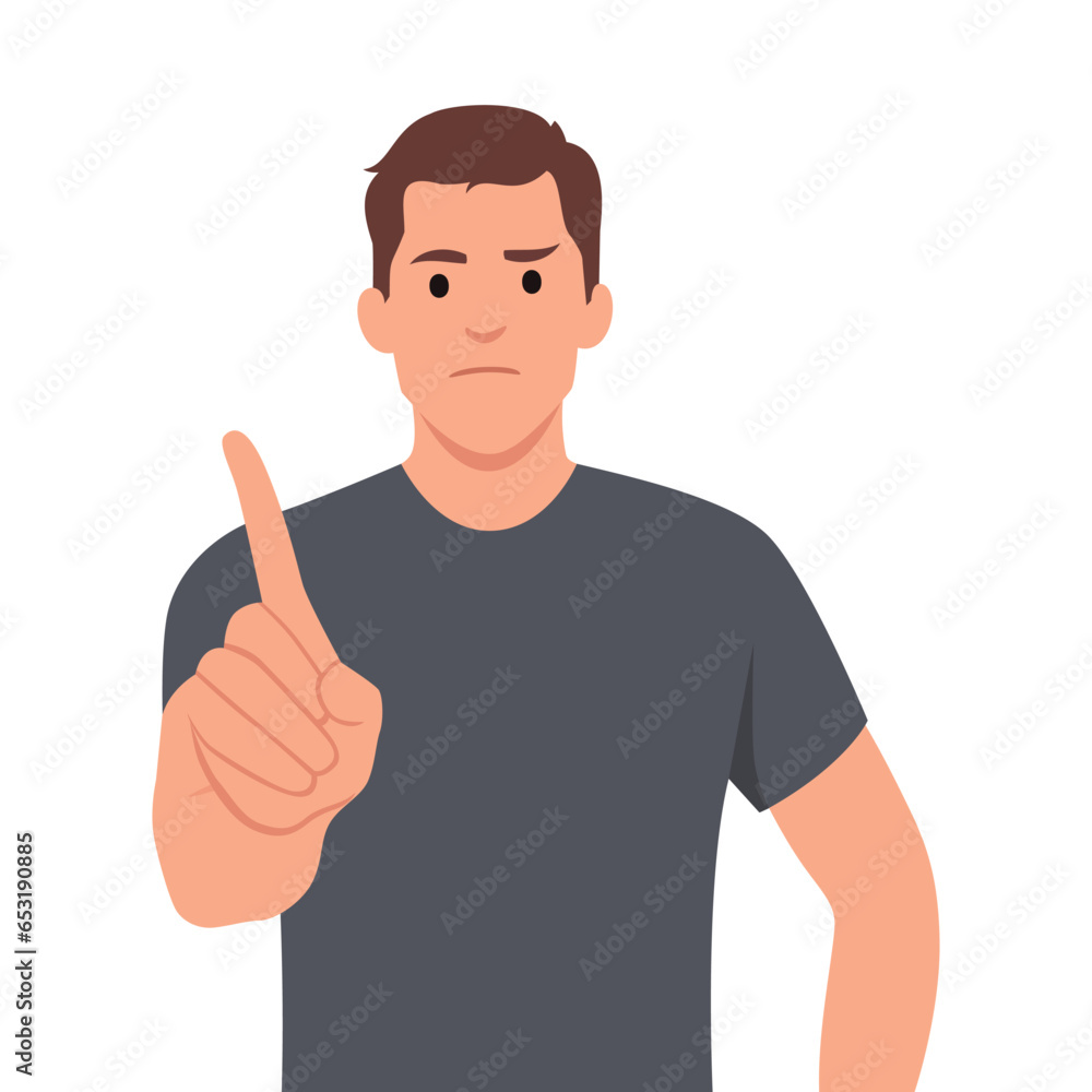 Young man frustrated and pointing to the front. Flat vector illustration isolated on white background