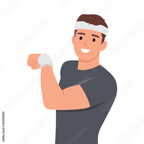 Young sports man expressing a concept wearing headband and wrist. Flat vector illustration isolated on white background