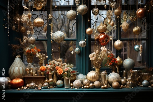 Studio window featuring a symmetrical arrangement of holiday balls, creating a balanced composition, Generative AI  © Shooting Star Std