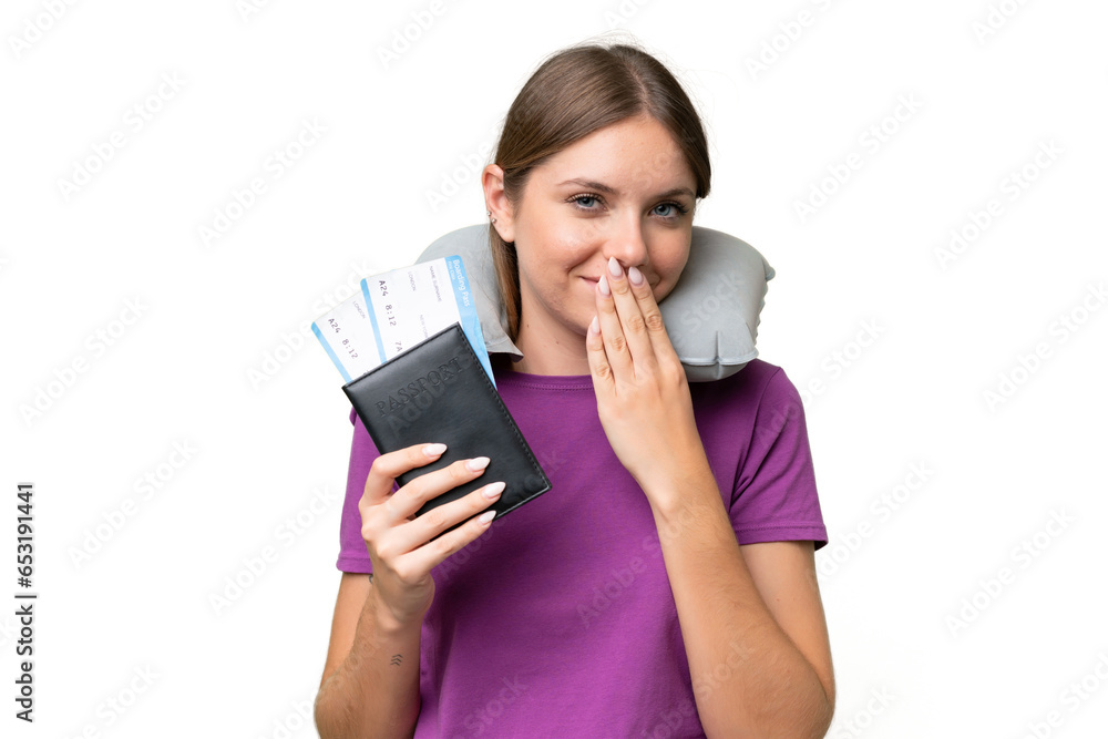 Young beautiful blonde woman with Inflatable travel Pillow over isolated background happy and smiling covering mouth with hand Young beautiful blonde woman with Inflatable travel Pillow over isolated background happy and smiling covering mouth with hand