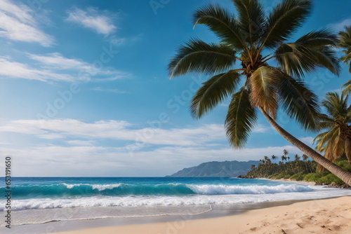 Sonniger tropischer Strand mit Wellen und Palmen, blauem Himmel und Wolken.