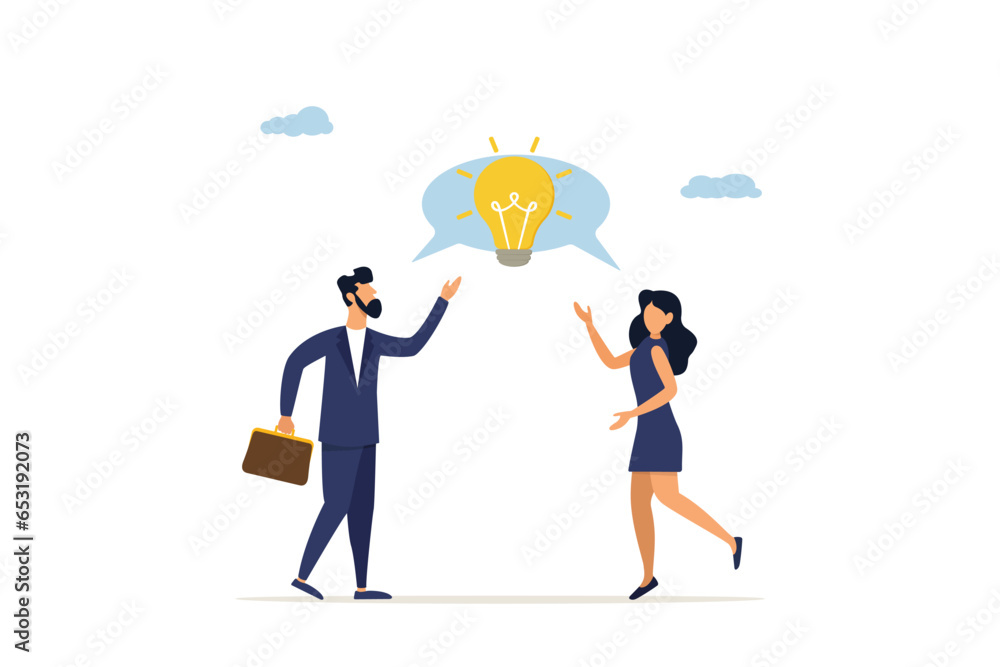 Effective communication for brainstorming and coming up with a solution or result concept, businessman and female colleague talking with light bulb idea. Discussion of an idea in a business discussion Effective communication for brainstorming and coming up with a solution or result concept, businessman and female colleague talking with light bulb idea. Discussion of an idea in a business discussion