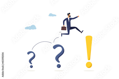 Concept of brainstorming, businessman thinking and decision making. Resolving issues, a businessman jumps from question marks to exclamation marks.