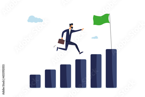 Progress to success, step forward for business development, path to achieving goal, career path concept, businessman climbing up growth chart and graph with ladder to success. Career growth concept