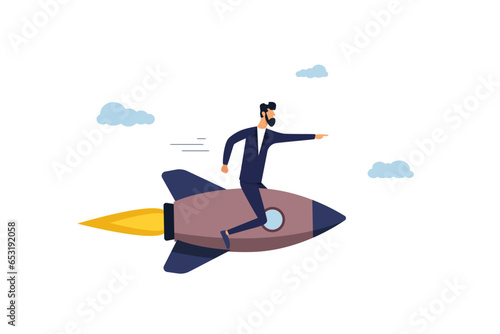 Leadership leadership that leads to success, increasing productivity or innovation to achieve success, a leader flying on a rocket and pointing the direction.