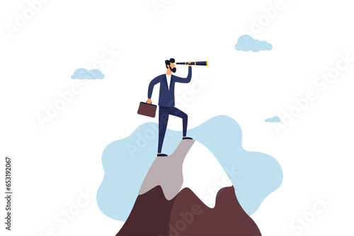 Successful businessman on top of the mountain. Victories or business achievements, a triumphant or champion looking for a new goal for the mission. Illustration